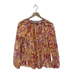J.McLaughlin Peasant Blouse Small Orange Pink Paisley Floral Silk Cotton